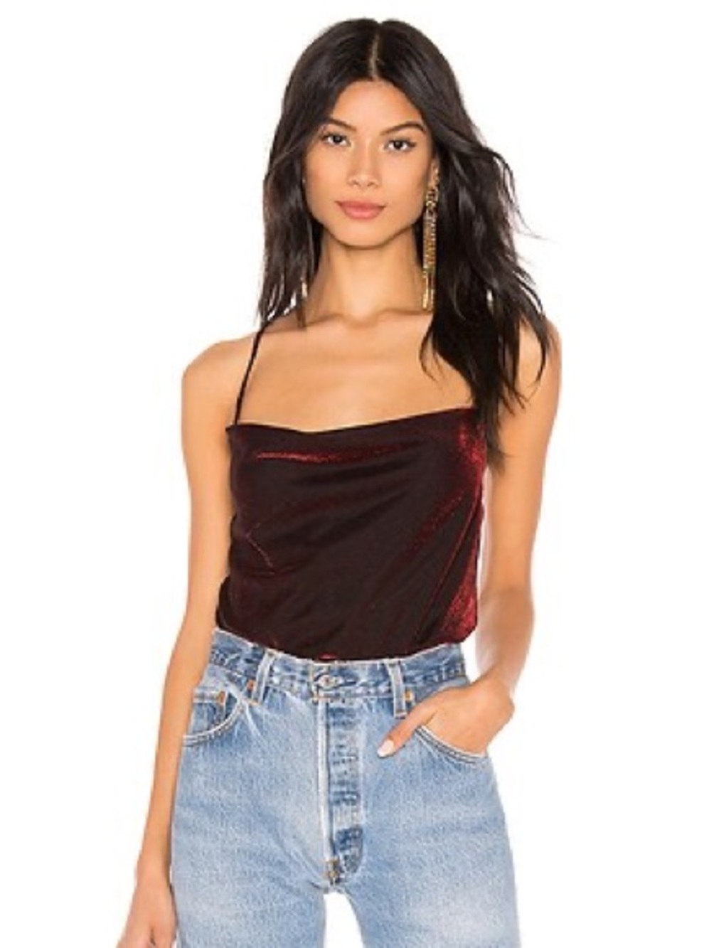LPA Letta Top Red Metallic Cowl Neck Cami Glitter Party Tank XS Glam Holiday